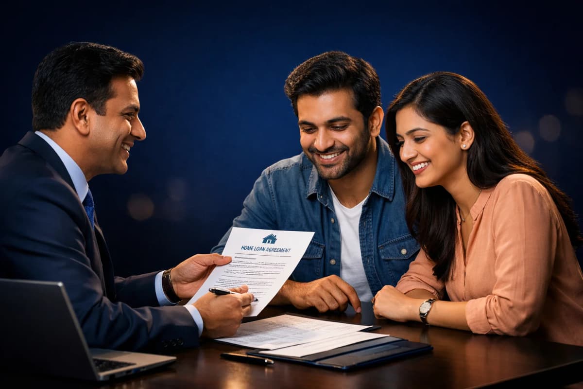 Professional loan advisor with happy Indian couple reviewing documents